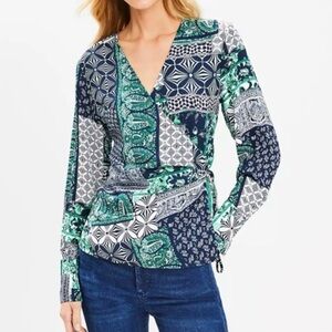NWT LOFT size S Women’s Patchwork Wrap Top - Blue and Green